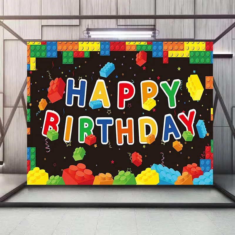 

Colorful Building Blocks Kids Birthday Backdrop Game Party Decor Cartoon Dinosaur Theme Photography Background Cake Smash Poster
