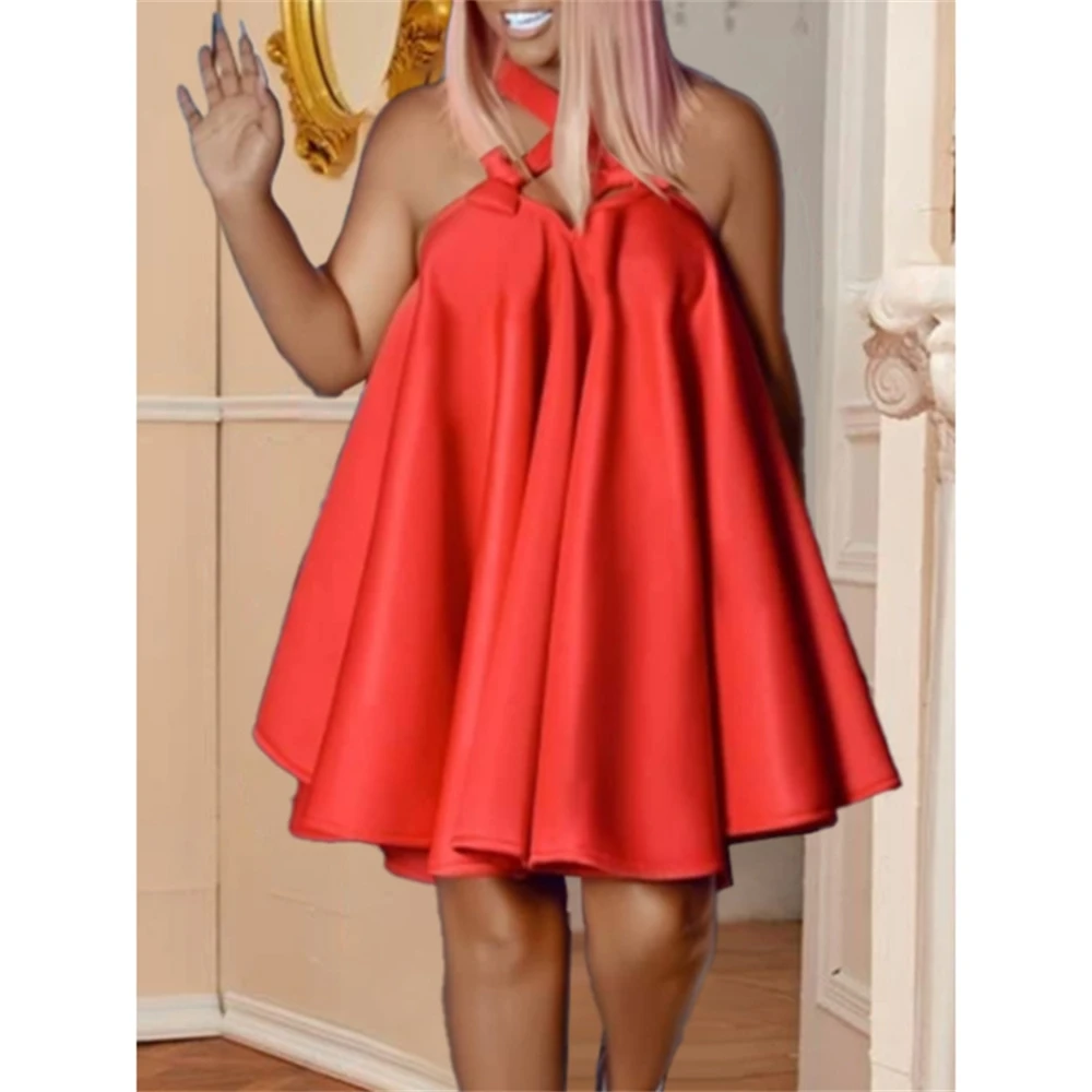 

Cute Ladies Party Dress Mini Ball Gown Prom Halter Backless Oversized Ruffle Scuba Dress Women Big Size Club Birthday Outfits