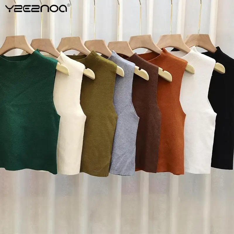 

Модная трикотажная майка с высоким воротником, Женский Повседневный однотонный жилет из полиэстера без рукавов