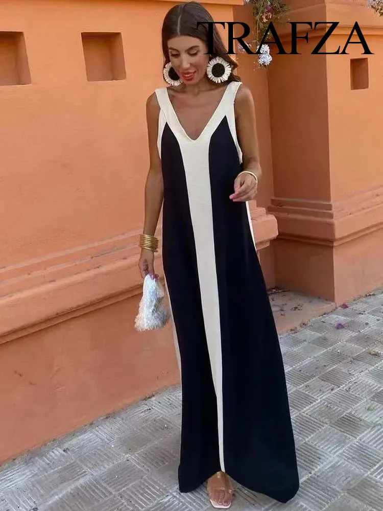 

TRAFZA Women Elegant Loose Suspender A-line Patchwork Casual Dresses 2023 Female Club Party Vestidos V-neck Contrast Long Dress