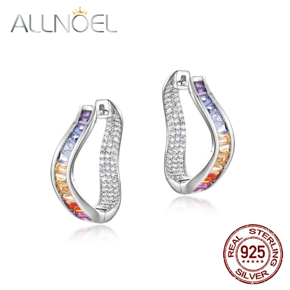 

ALLNOEL Solid 925 Sterling Sliver Hoop Earrings For Women Colorful Zicron Rainbow Wave Irregular Shape Unique Gifts Fine Jewelry