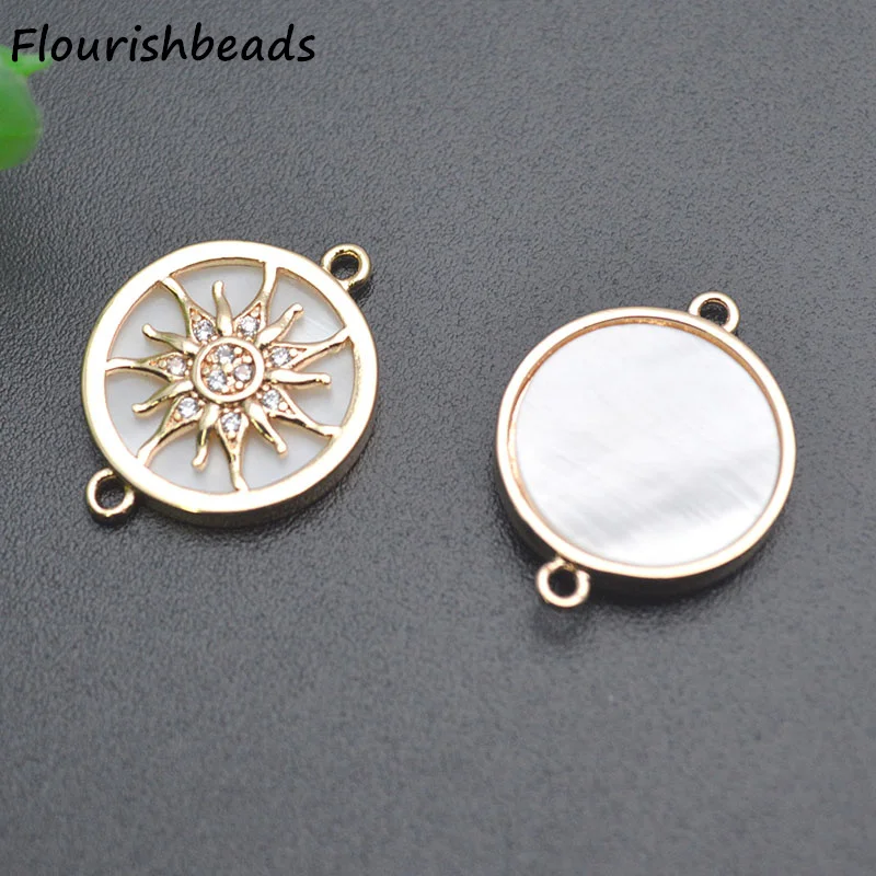 

High Quality Anti Fading 14k Gold Plated CZ Pave Inlaid Natural Shell Sun Sunflower Metal Charms for Diy Necklace Making 20pcs