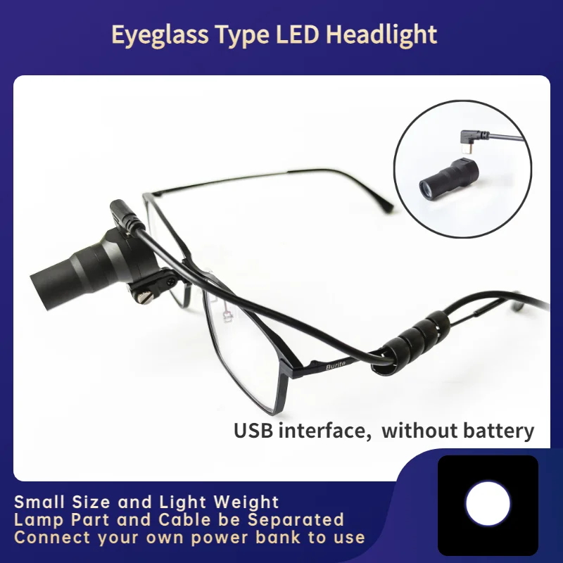 Burite 40000lux  Eyeglass Type Medical LED Headlight Lamp Part and Cable be Separated（USB Interface) Without Battery YT-D01