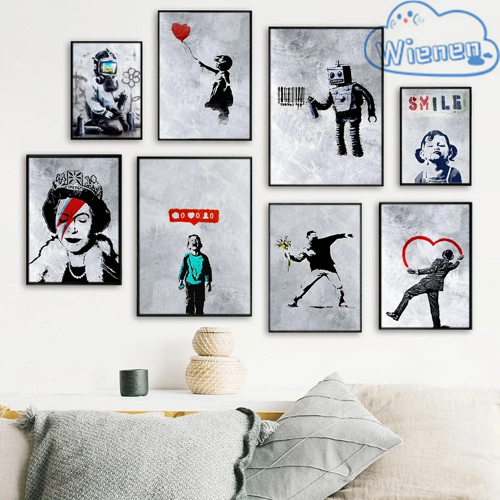 

Street Graffiti Vintage Boy Girl Robot Smile Poster Wall Art Canvas Painting Nordic Wall Picture For Living Room Home Decoration