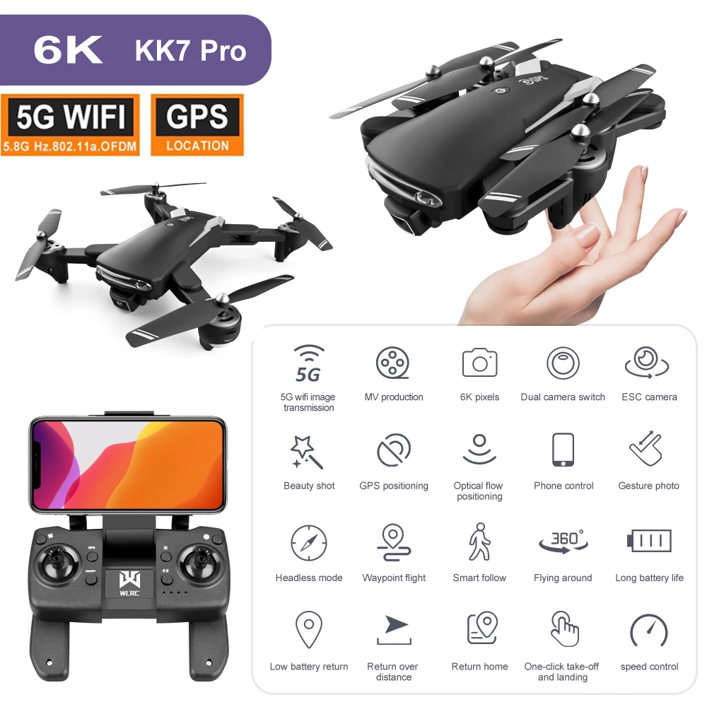 Professional Version of UAV HD 4K/6K with GPS 5G WiFi FPV  Aerial GPS Positioning KK7 Pro Folding Quadcopter Remote Control Toys