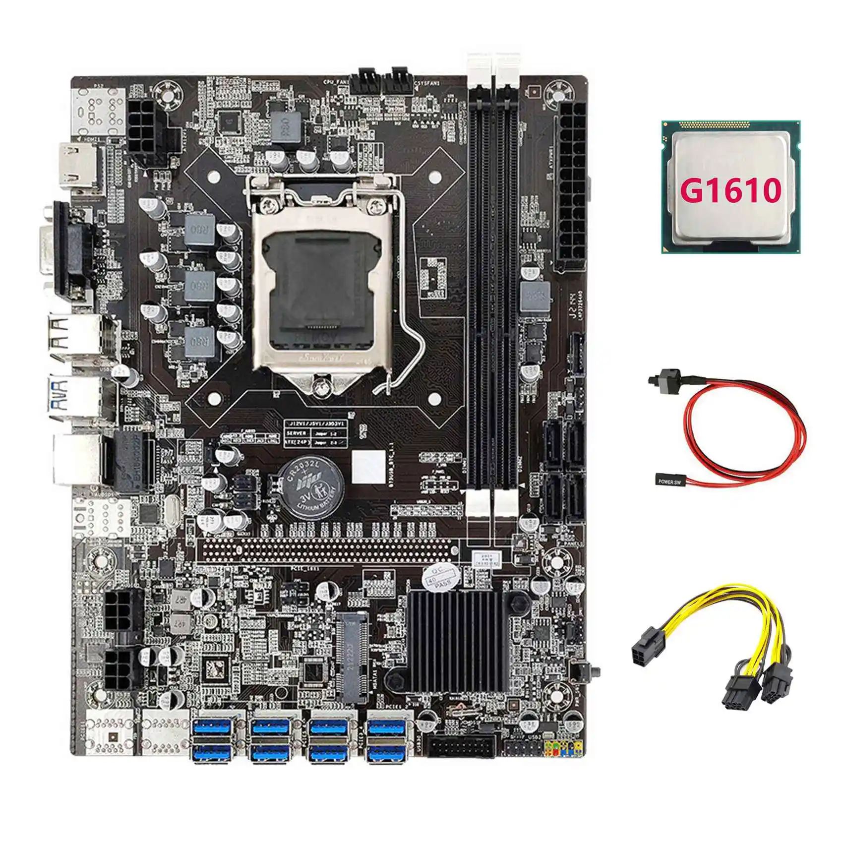 B75 ETH Mining Motherboard 8XPCIE to USB+G1610 CPU+6Pin to Dual 8Pin Cable+Switch Cable LGA1155 B75 Miner Motherboard