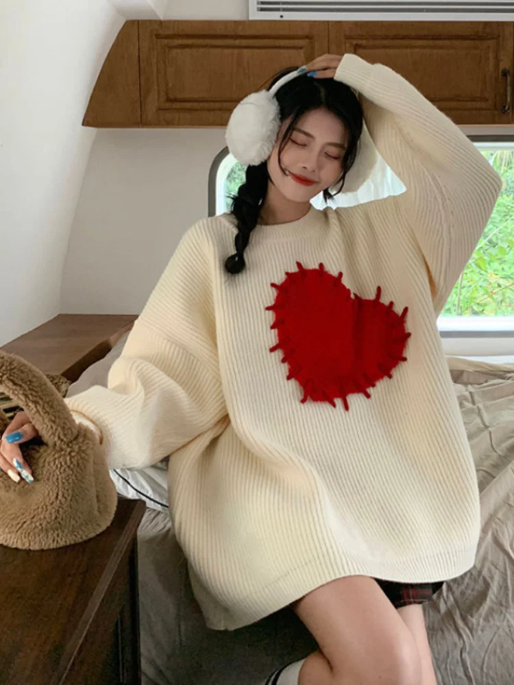

Japanese Style Heart Print Sweater Women Harajuku Vintage Knitted Jumper Loose All-match Pullover Tops For Sweet Girls