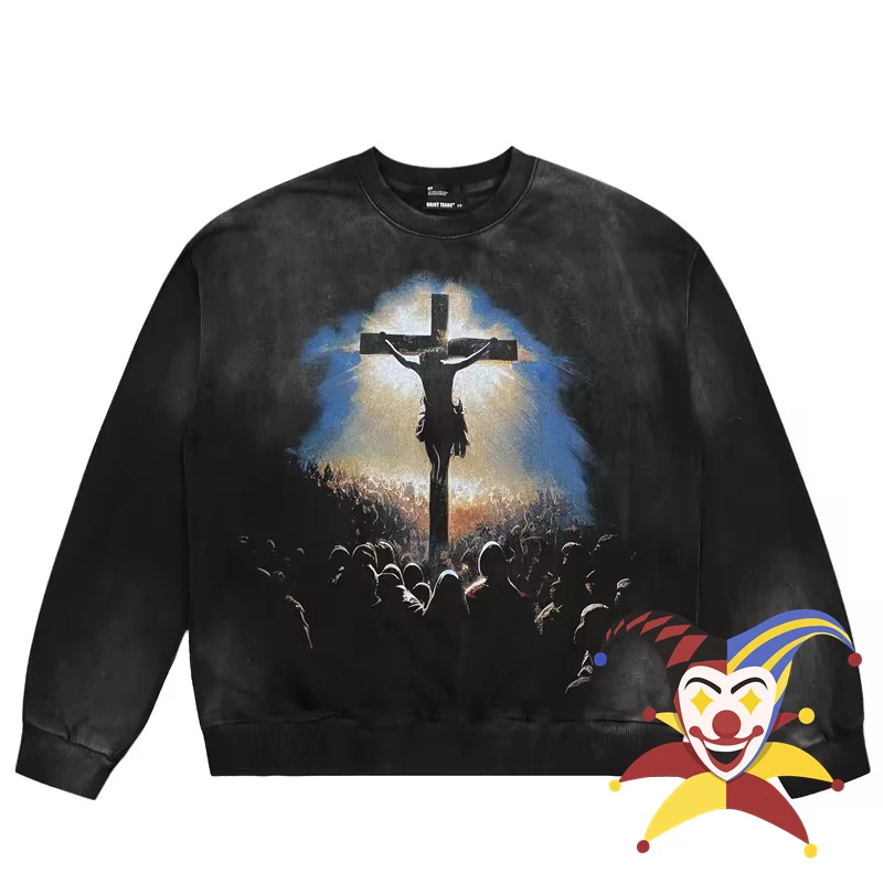 Черные потертые свитшоты Saint Tears с круглым вырезом мужские и женские