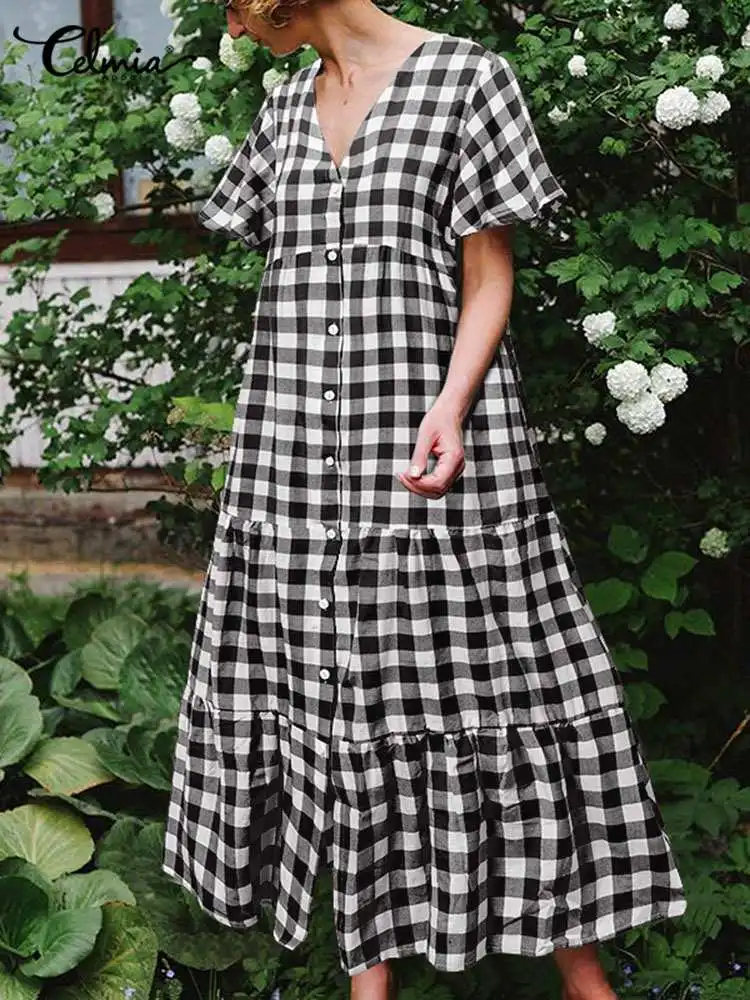 

Модное Длинное платье миди Celmia с V-образным вырезом, повседневное свободное клетчатое платье, летнее женское расклешенное плиссированное платье с коротким рукавом, сарафан большого размера