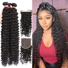 4x4 5x5 Кружева Закрытие 30 40 дюймов Свободные глубокие волнистые пряди с закрытием бразильские Реми воды вьющиеся волосы 3 4 пряди с фронтальной