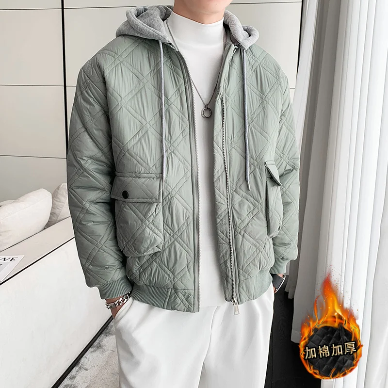 Winter Jacket Men Warm Fashion Plaid Thickened Hooded Jacket Men Streetwear Korean Slim Thick Short Coat Mens Parker Clothes