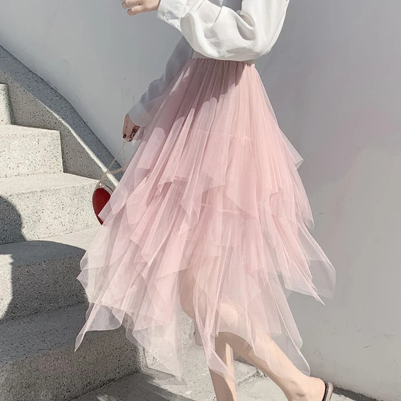 Женская ассиметричная юбка из тюля повседневная длинная Плиссированная