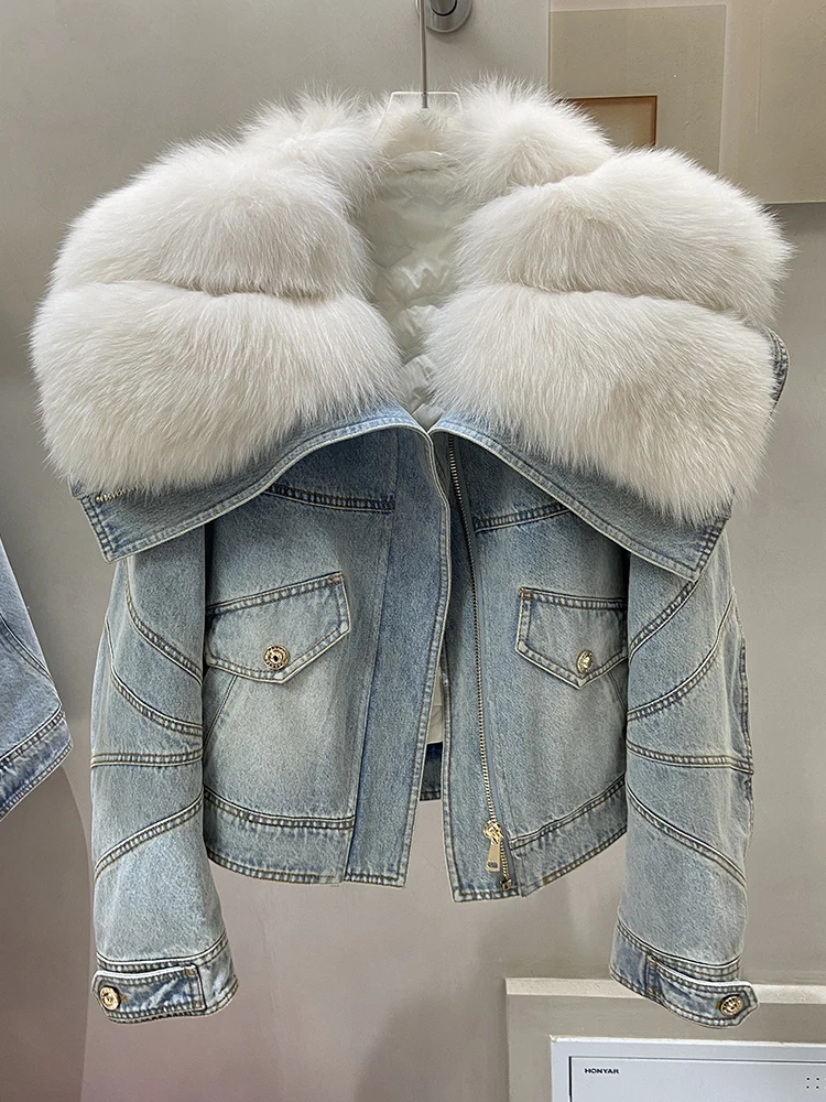 

Женская зимняя Толстая джинсовая куртка с воротником из натурального меха лисы, с гусиным пухом, теплые женские джинсовые пальто из лисьего меха, парка, джинсовая куртка, 2023