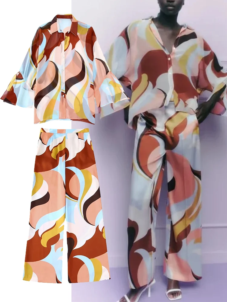 

Комплект TRAF из 2 предметов, модные женские топы с принтом и широкие брюки с эластичным поясом, повседневные женские комплекты