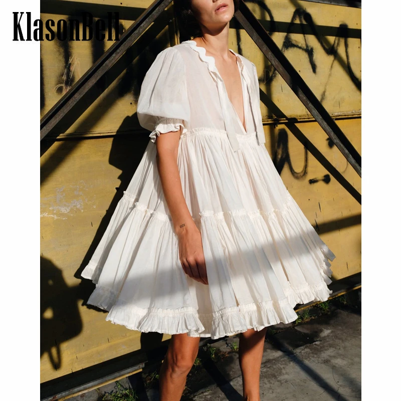 

4,5 KlasonBell винтажное элегантное свободное Повседневное платье-мини с пышными рукавами и двусторонней оборкой для женщин