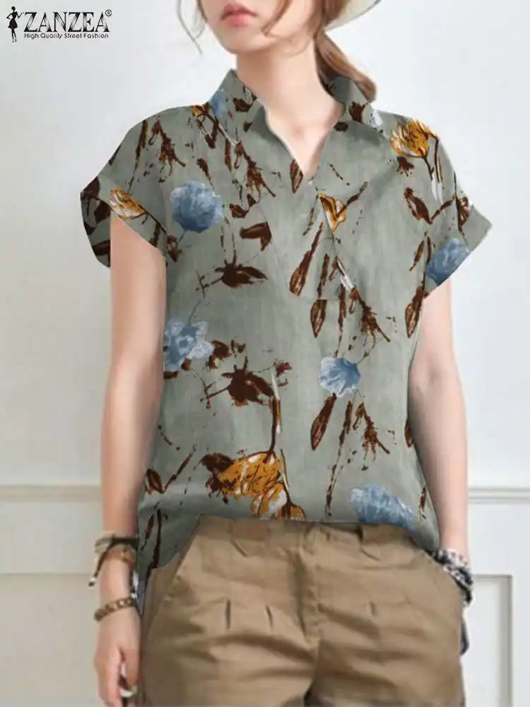 

ZANZEA Lapel Short Sleeve Tops Bohemian Fashion Baggy Elegant Casual Holiday Loose Shirt Women Summer Floral Printing Blouse
