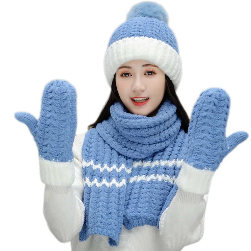 

Women Winter 3Pcs Pompom Beanie Hat Long Scarf Gloves Set Contrast Color Chunky Knit Plush Lined Skull Neck Warmer