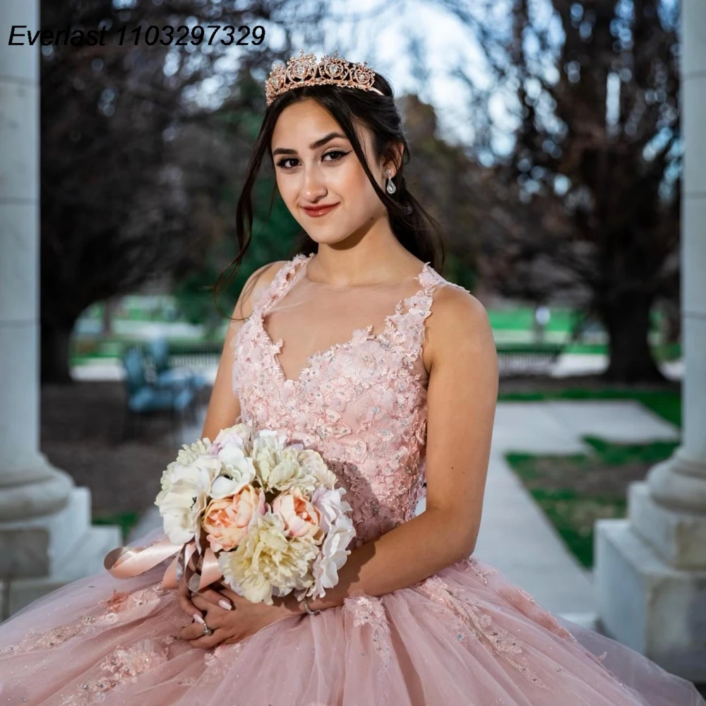 Блестящее розовое платье EVLAST для Quinceanera бальное с аппликацией и бисером корсет