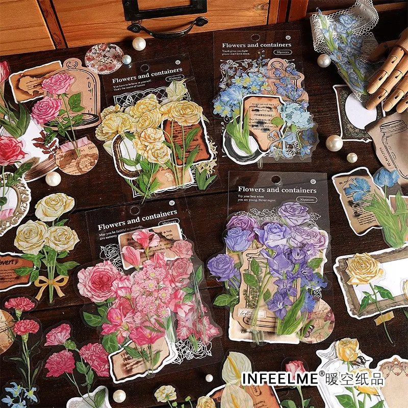 

30 Pcs beautiful flowers Journaling Stationery Stickers Calendar Decorative flora PET Sticker For Scrapbook Journal Diary