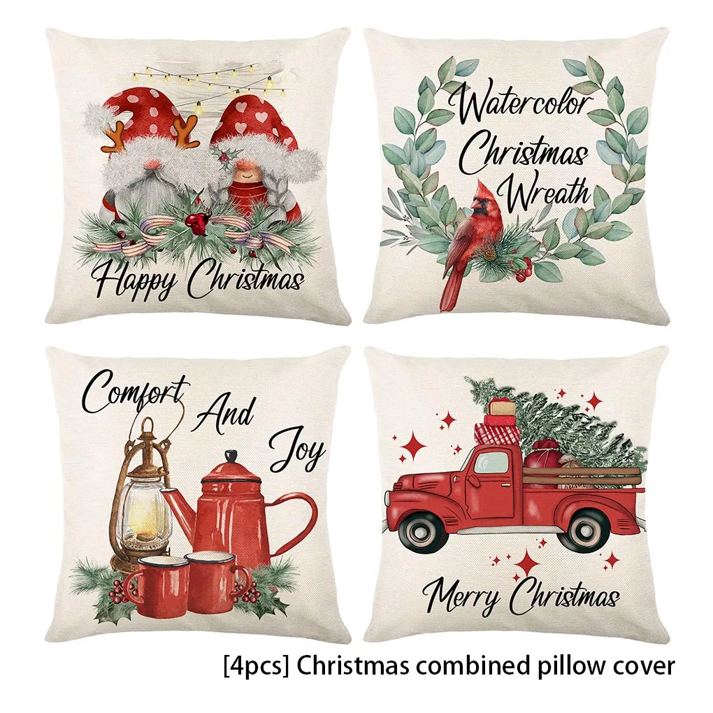 

4 Pieces Home Office Hotel Christmas Pillowcase Living Room Cotton Linen Pillow Cover Cushion Case Decor Holiday Ornament