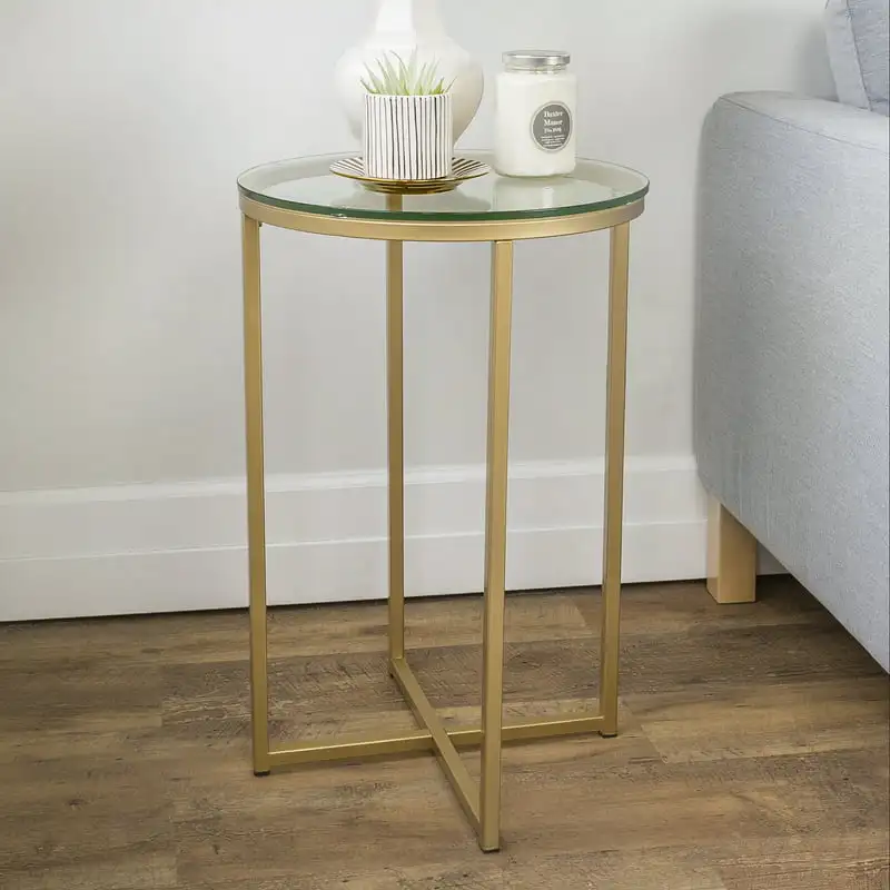 

Modern Glam Round End Table, Glass/Gold