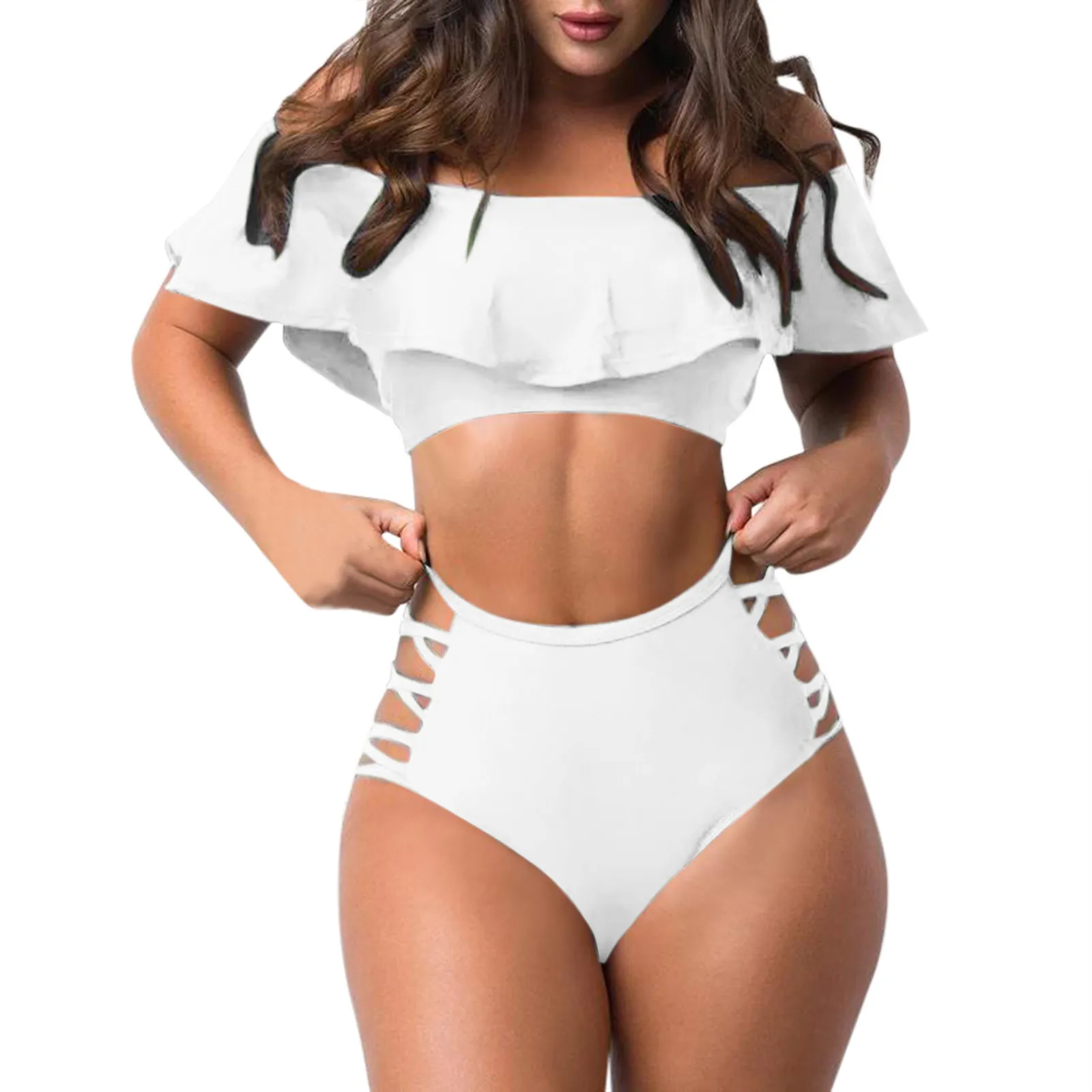 

Ruffled Off Shoulder Sexy Tight Solid Color Hollow Out One Word Collar Bikini 2022 Swimwear Swimsuit Beachwear Bikini Set