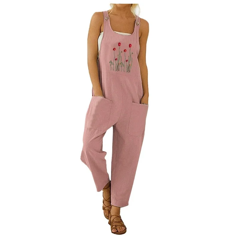 Women Jumpsuits Summer Overalls Multicolor Square Neck Sleeveless Casual Rompers with Pockets for Girls Playsuit
