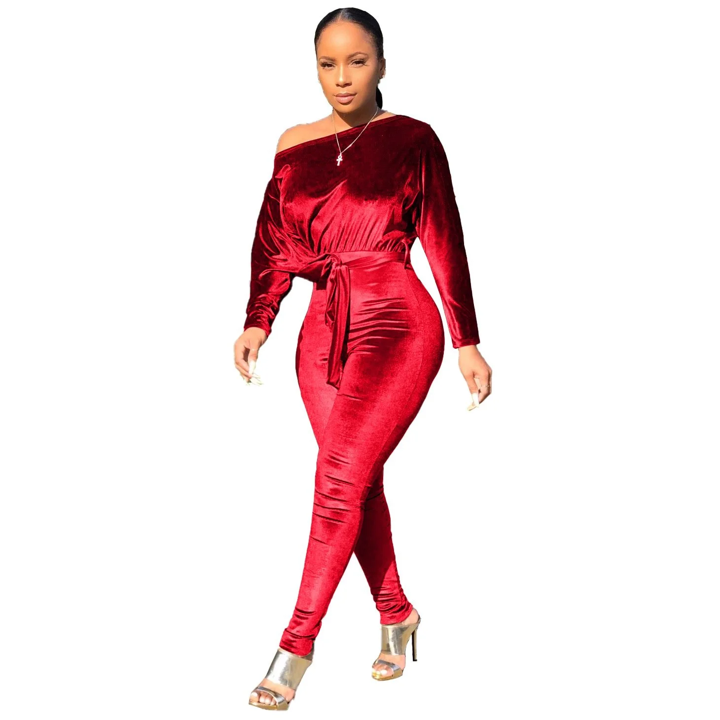 Fall Autumn Winter Women Velvet Sashes Jumpsuits Full Sleeve Sexy Rompers Night Club Party Outfits Fitness One Piece GL8089