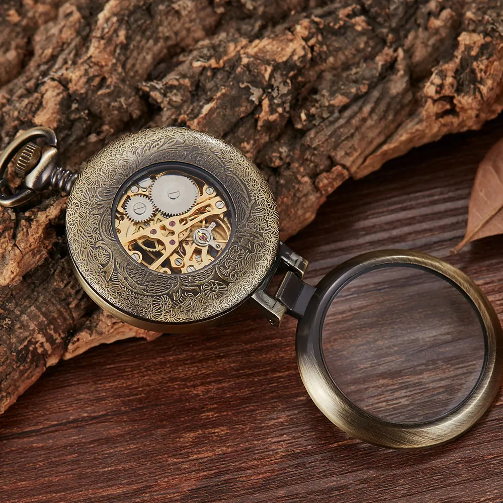 Vintage Retro Sculpture Tree Pattern Mechanical Pocket Watch Men Women Bronze FOB Hand Wind Roman Numerals
