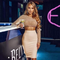 women 2 piece set sexy beading top bodycon bandage skirt sets suits lady autumn clothes two piece sets