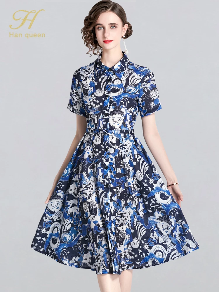 

H Han Queen 2022 New Summer Print Dress Vintage Office Party Casual Dresses Womens Elegant Fashion Runway A-Line Shirt Vestidos