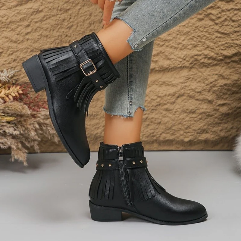 Desigenr/женские ботильоны с бахромой обувь на массивном кожаном каблуке острым