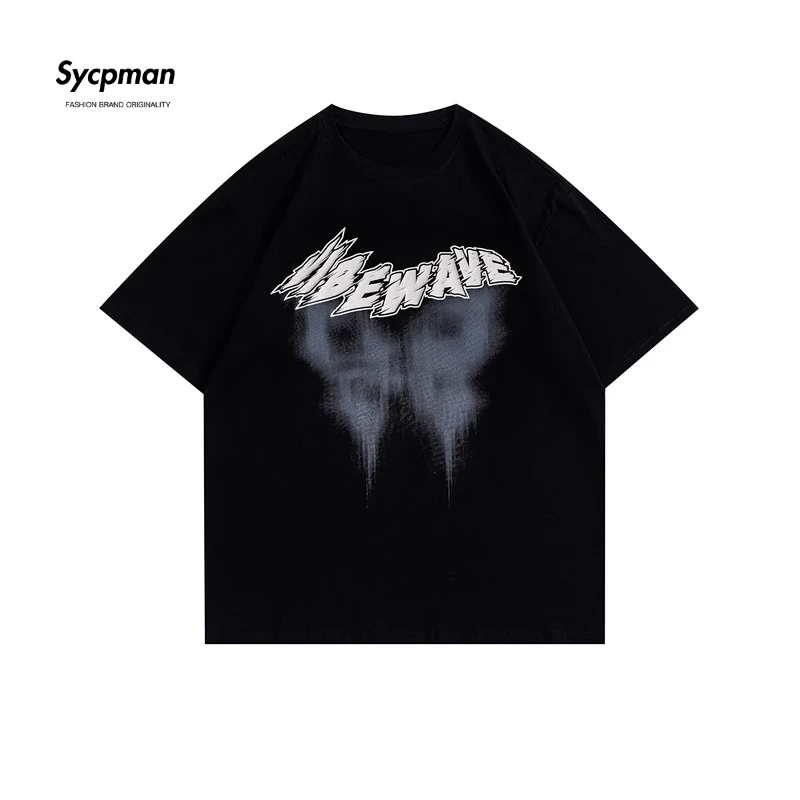 

Sycpman Summer Graffiti Butterfly Print Short Sleeve T Shirt Street Loose Pure Cotton Tees for Men
