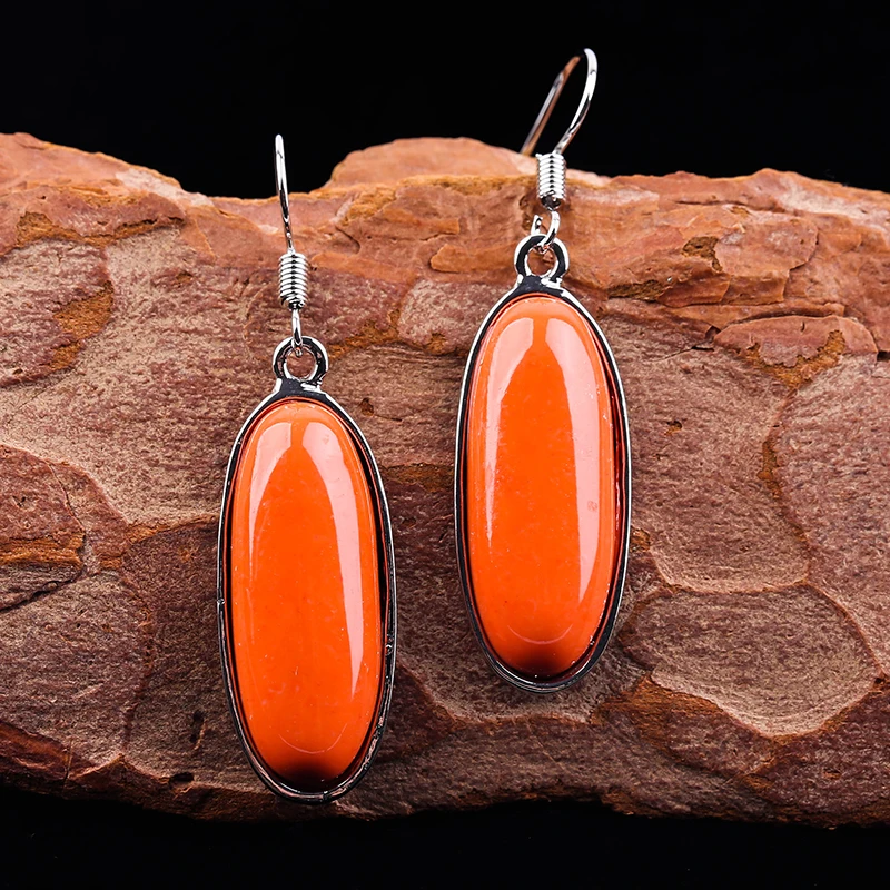 

Fashion Boho Retro Orange Oval Stone Earrings for Women Vintage Ethnic Silver Color Long Drop Fine Jewelry Female Gift
