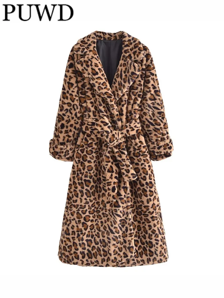 

PUWD Women Faux Fur With Belt Rabbit Hair Leopard Coat 2022 Autumn Winter Retro Pockets Female Thick Outerwear Chic Overcoat