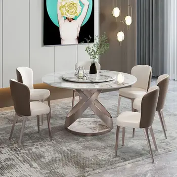 Glossy rock slab dining table round light luxury high-end dining table and chairs set