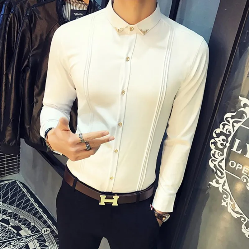 

Men's Pleated Solid Color Slim Fit Tuxedo Shirts Male Long Sleeve England Style Casual Social Prom Dress Blouses