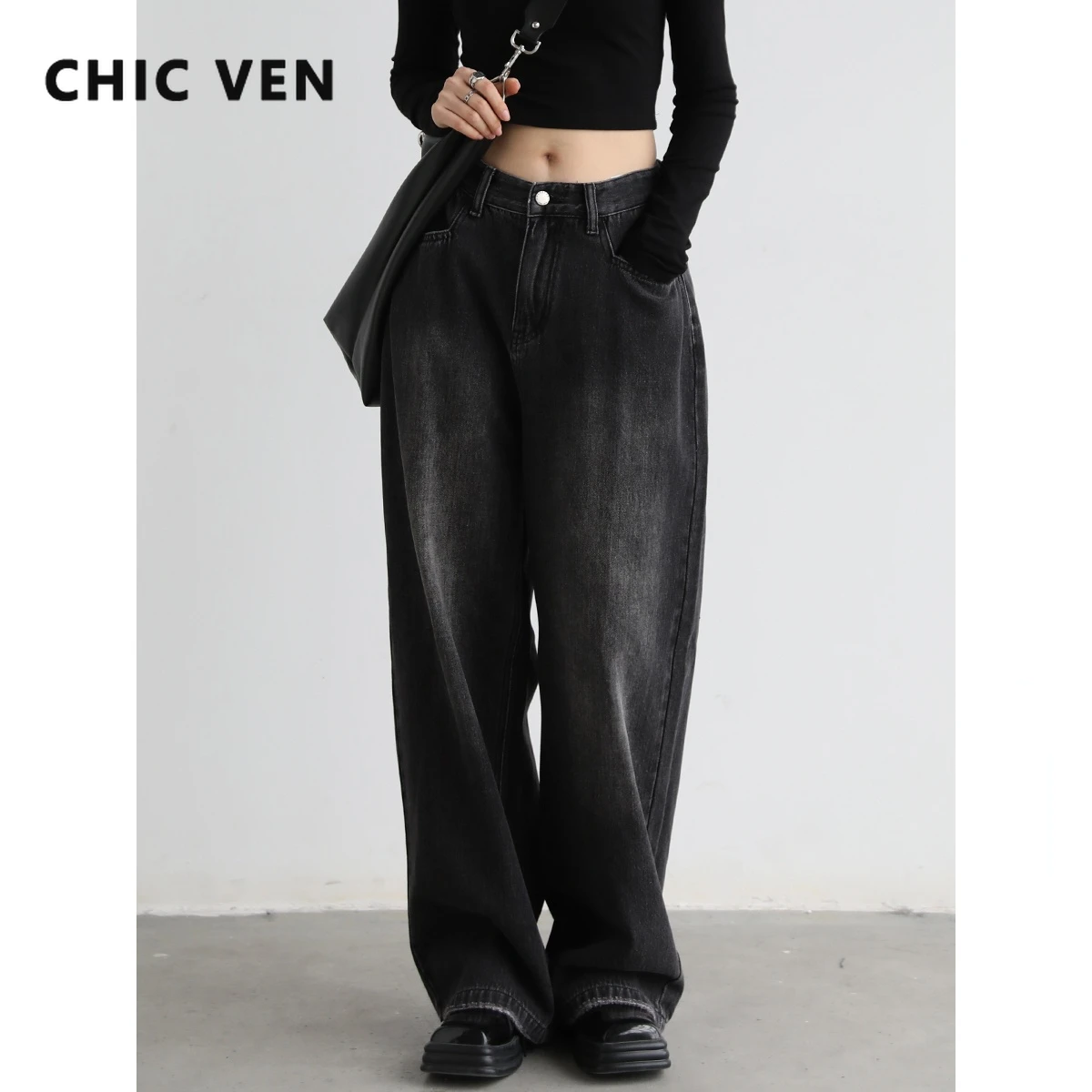 

CHIC VEN Women's Jeans Rough Edges Washed Retro Wide Legs Streetwear Pants Black Woman High Waist Trousers 2022 Spring Autumn