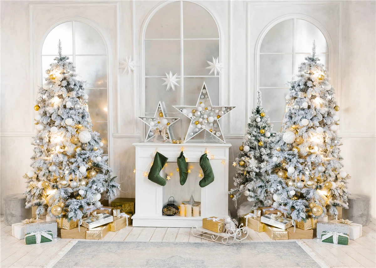 

Christmas Photography Backdrop Xmas Luxurious Christmas Trees Fireplace Decor Banner Family Holiday Party Photo Background