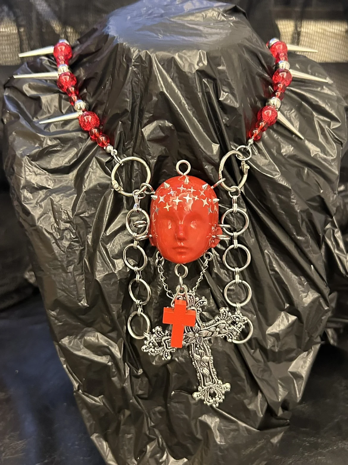 [Cow Toy] Red Blood Colored Glaze Beaded Baby Head Necklace