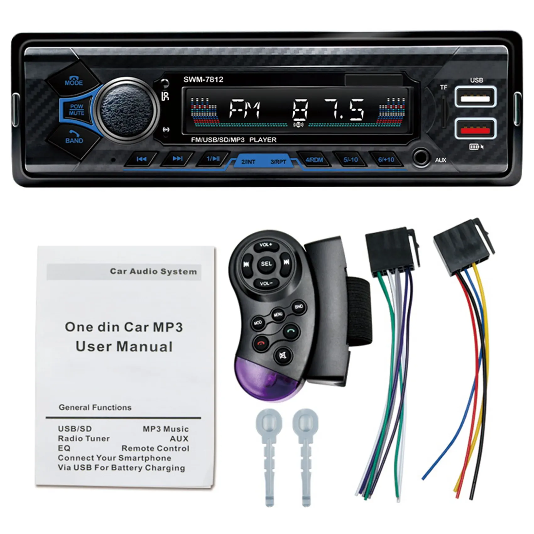

Автомагнитола 1 DIN, Bluetooth, USB, SD, AUX, FM, MP3-плеер, тип ПК:-7812