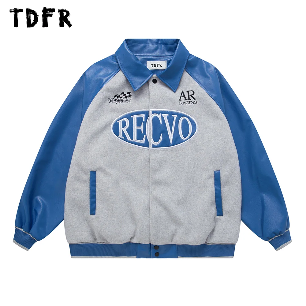 

Contrast Paneled Baseball Jacket Mens Autumn Winter Letter Embroidery Casual Lapel Loose Raglan Sleeve PU Jacket Outerwear Men