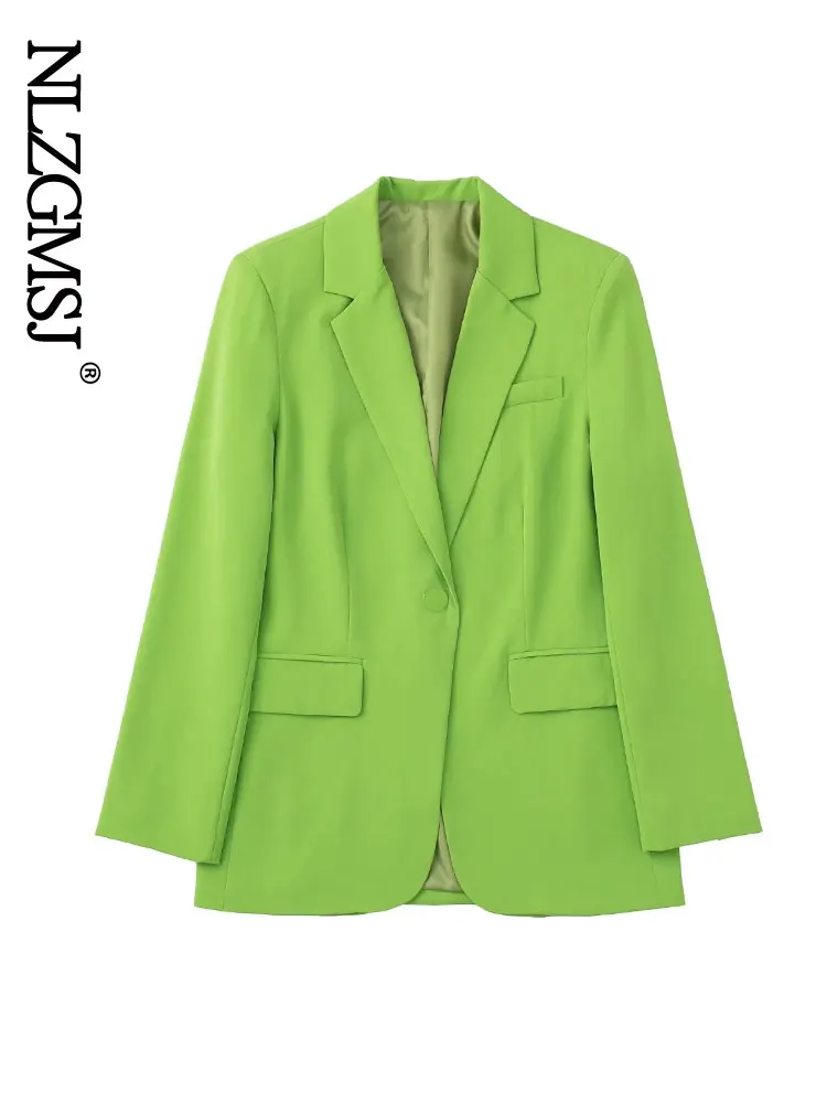 

Nlzgmsj Za Women Pocket Decoration Loose Blazer Long Sleeve Single Button Jacket Office Lady Green Tops