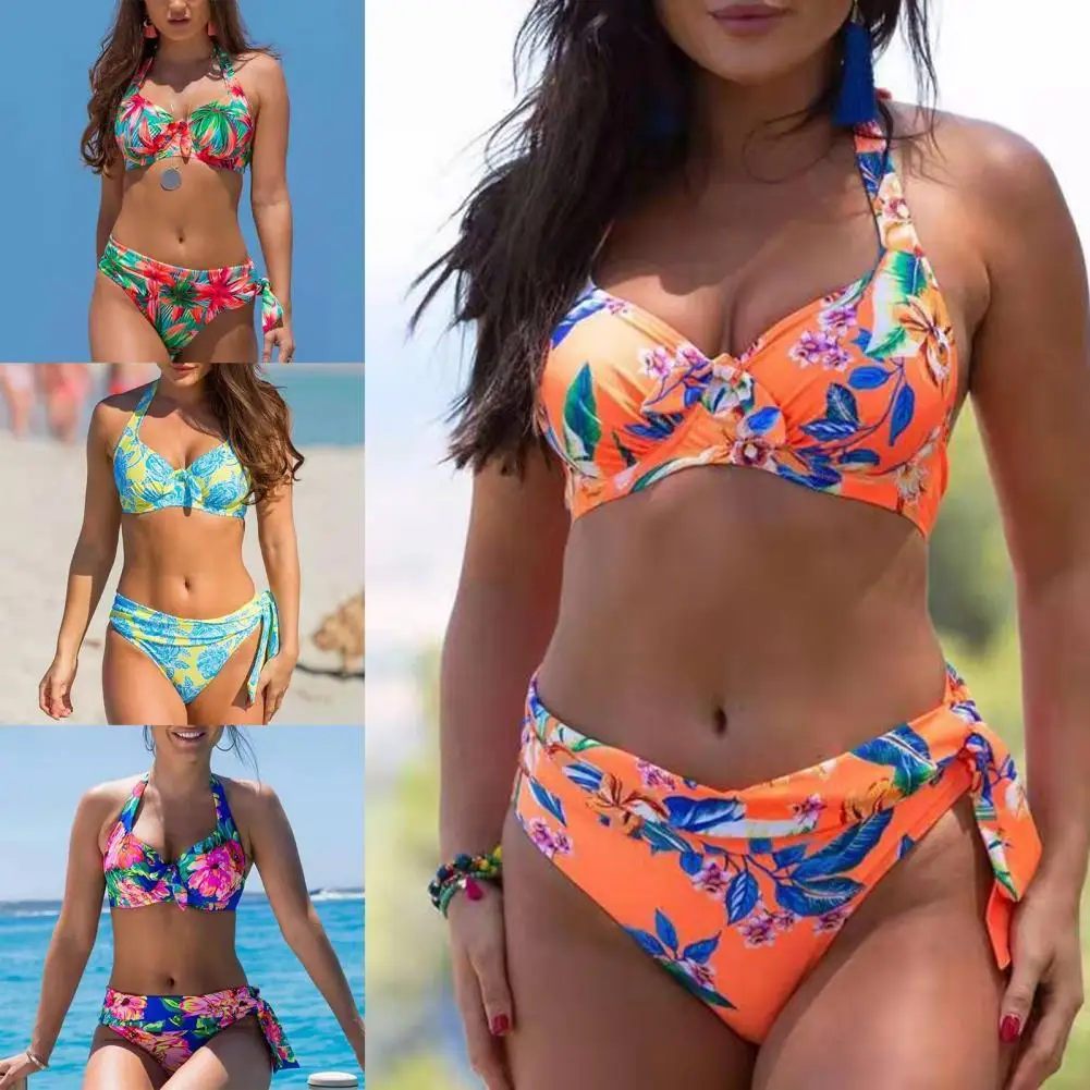 

Lady Swimsuit Backless Bikini Set Halter Bra High Waist Briefs Swimsuit