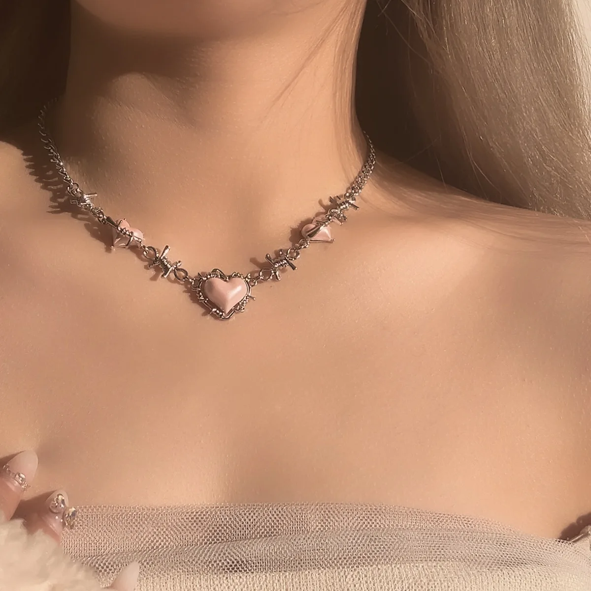 

Puffy Love Necklace Pink Sweet Cool Hip Hop Design Collarbone Chain Chokers Necklace for Women 2023 New
