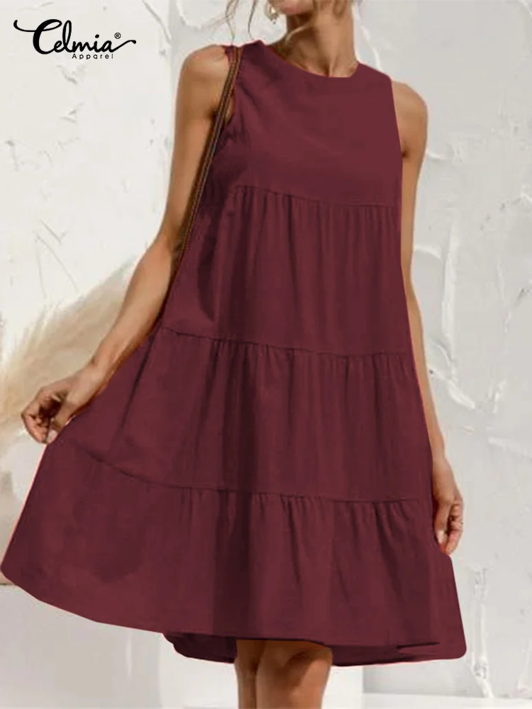 

Women Tank Dress 2022 Summer Celmia Casual O-neck A-line Mini Dress Fashion Sleeveless Stitched Pleats Vestido Solid Color Robes