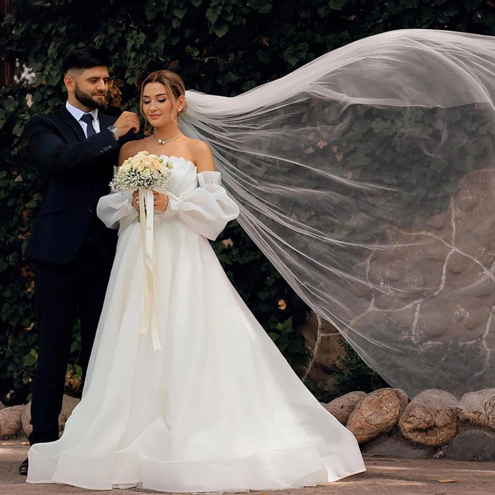 

Простое винтажное свадебное платье, шифоновое платье-трапеция со съемным шлейфом и длинными рукавами-фонариками, платье невесты цвета слон...