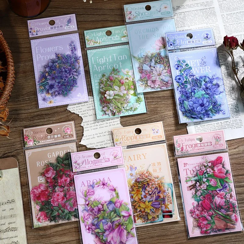 

30 Pcs Vintage Adhesive Decoration Sticker Set Rose Lily Daisy Flower Stickers Diy Label For Journaling Scrapbooking Album Diary