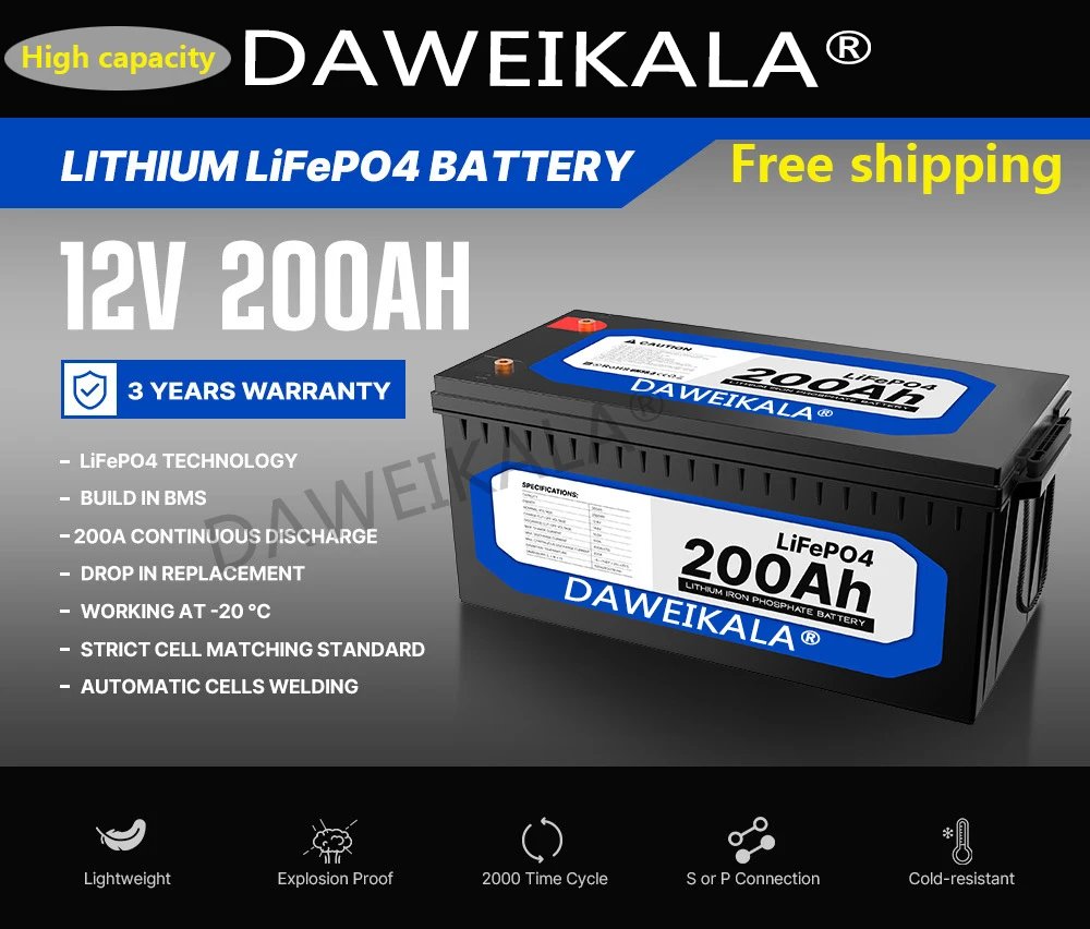 

2023 12V200Ah LiFePO4 Battery Lithium Ion Phosphate Battery Built-in BMS for Solar Power System RV House Trolling Motor Tax Free