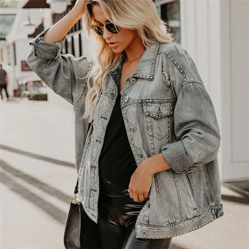 

New Denim Jackets Women's Beading Ripped Distressed All-Match Loose Jacket Autumn Winter Vintage Worn Long Sleeve Hole Coat